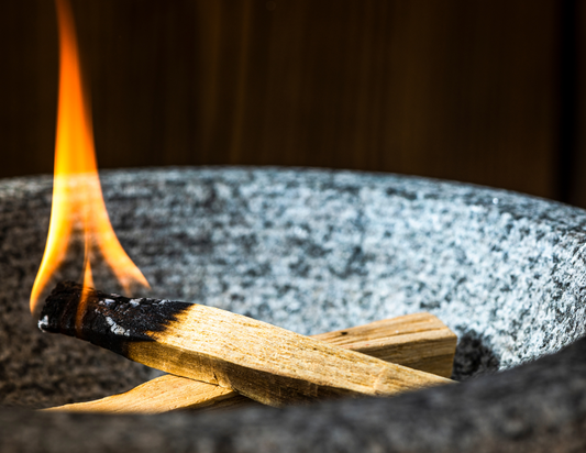 Palo Santo sticks on a wooden tray releasing smoke, symbolizing energy cleansing and spiritual healing.