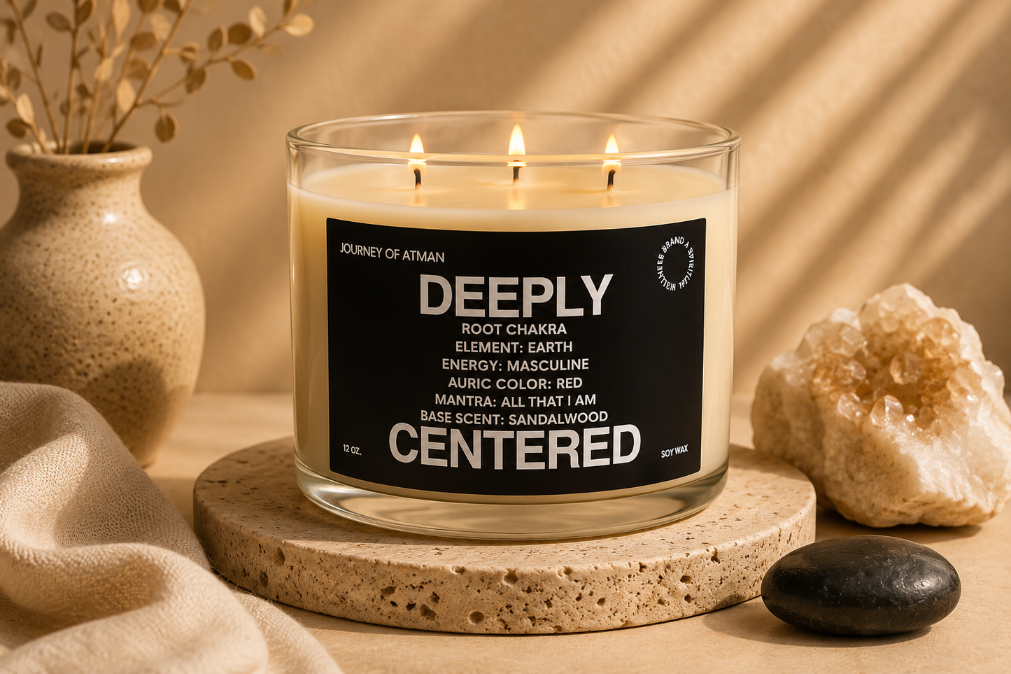 Deeply Centered root chakra candle by Journey of Atman displayed in an earthy luxury wellness setting with grounding stone accents, warm neutral tones, and soft ambient lighting.