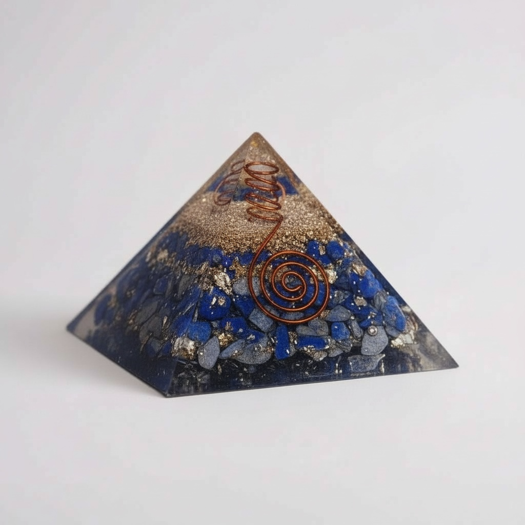 Lapis Lazuli orgonite pyramid for Throat Chakra and Third Eye Chakra support, made with layered resin, metal, and natural lapis lazuli to enhance communication, intuition, and spiritual insight while balancing energy.