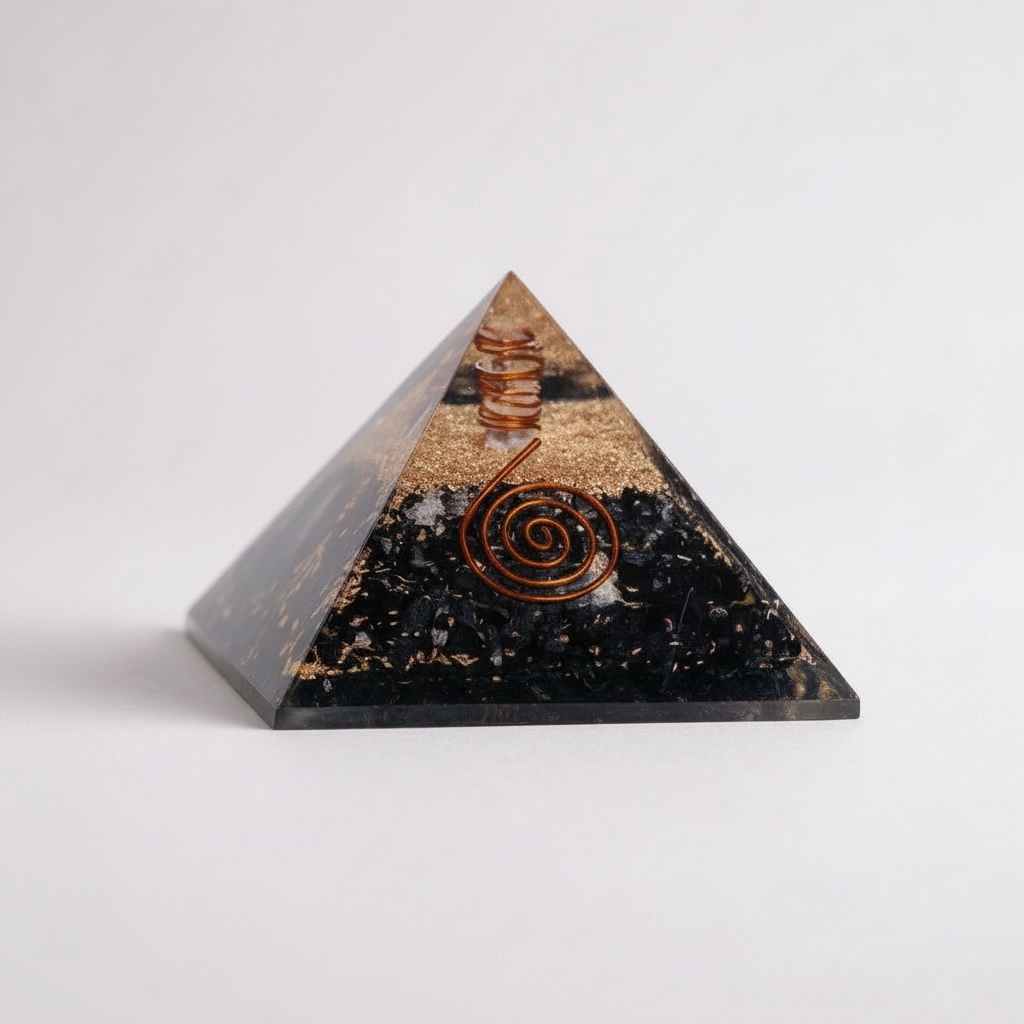 Black Tourmaline orgonite pyramid for grounding and protection, made with layered resin, metal, and natural black tourmaline to shield against negative energy, enhance stability, and promote balanced energy flow.