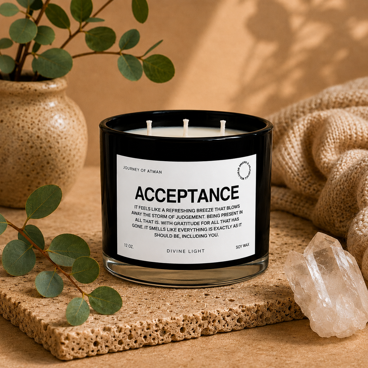 Acceptance affirmation candle in warm lifestyle setting with crystal, eucalyptus, and soft neutral décor supporting peace, self-compassion, and emotional grounding.