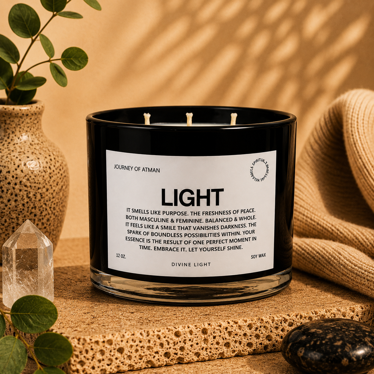 Light affirmation candle in warm lifestyle setting with crystal, eucalyptus, and soft neutral décor symbolizing hope, clarity, and inner guidance.