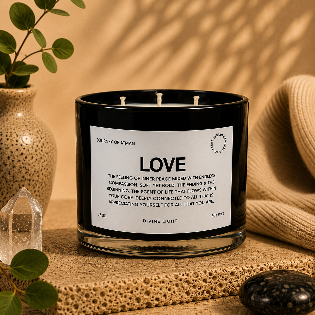 Love affirmation candle in warm lifestyle setting with crystal, eucalyptus, and calming neutral décor for self-love and emotional connection.