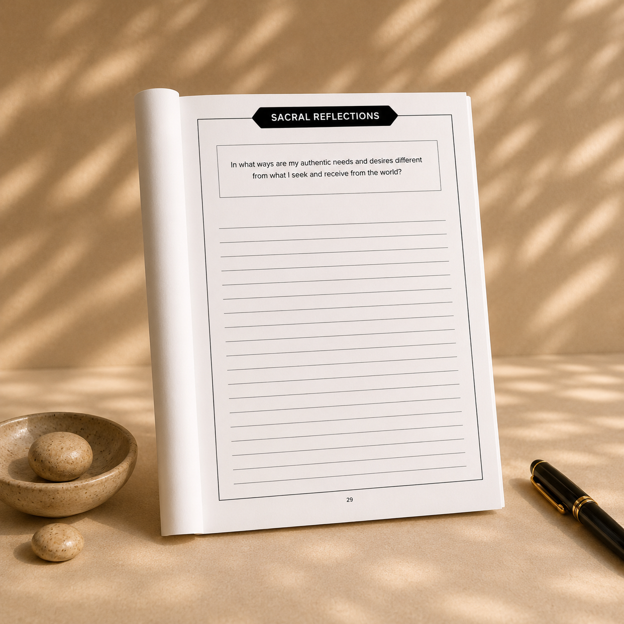 Sacral Chakra reflection journal page with guided prompt displayed in calm cream-toned lifestyle photography scene.