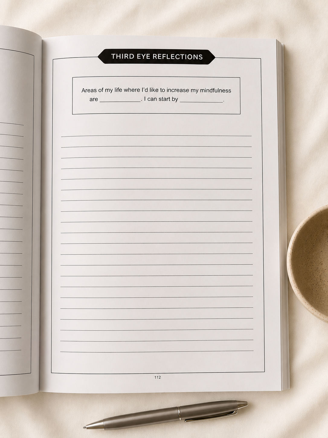 Third Eye Chakra mindfulness reflection journal page displayed in calming neutral lifestyle photography setup.
