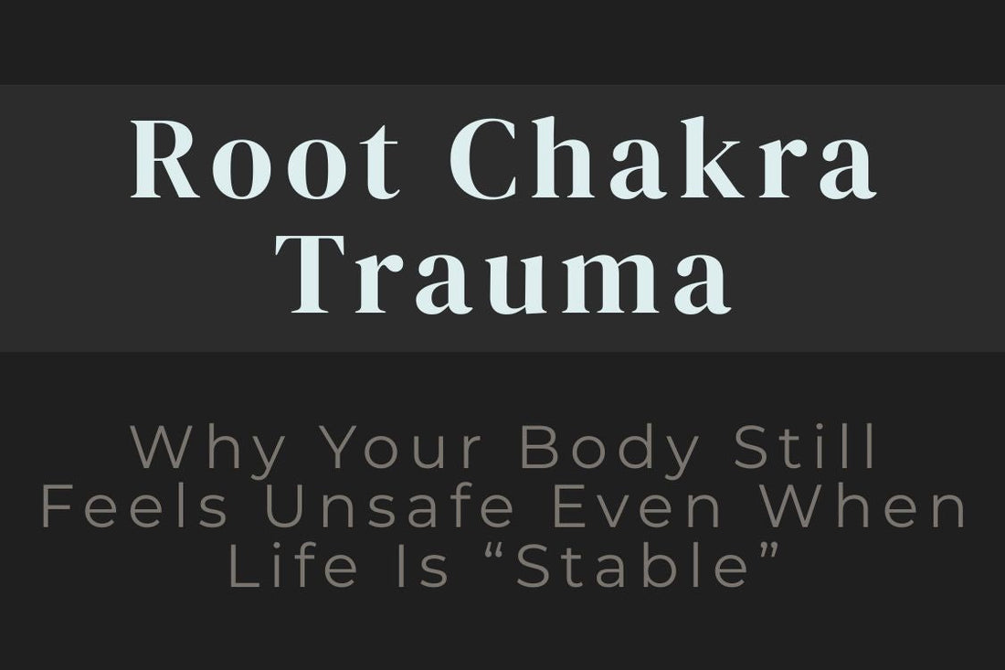 Blog cover image for Root Chakra Trauma: Why Your Body Still Feels Unsafe Even When Life Is Stable, featuring themes of root chakra healing, emotional safety, nervous system regulation, grounding, trauma recovery, and rebuilding inner stability.