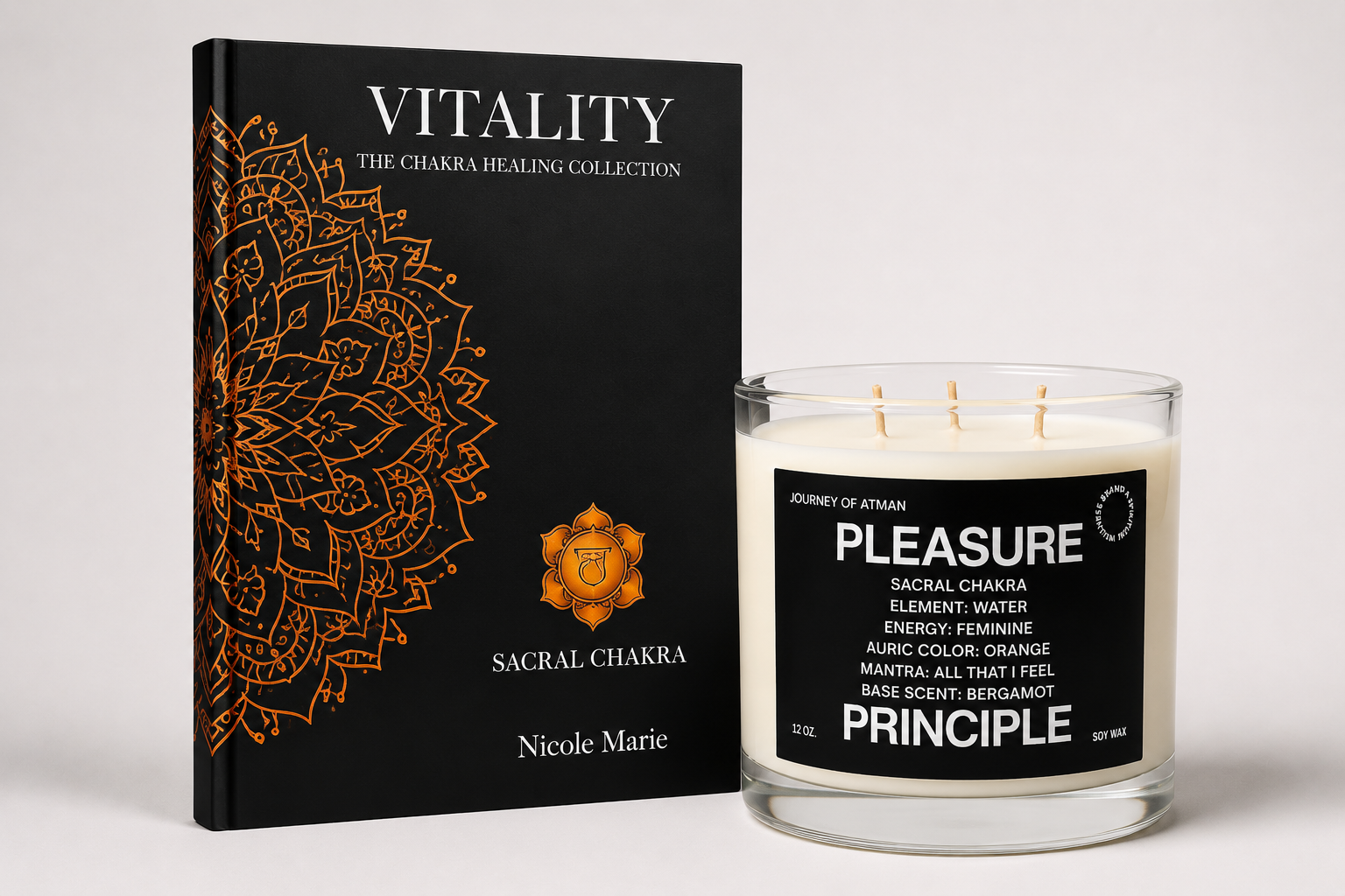 Sacral Chakra Healing Bundle with Pleasure Principle Healing Candle and Vitality Shadow Work Journal for creativity, pleasure, connection and emotional balance.