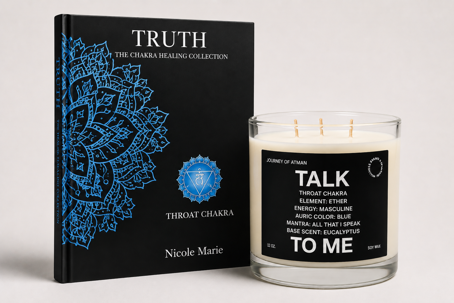 Throat Chakra Healing Bundle with Talk to Me candle and shadow work journal for self-expression, communication, and speaking your truth