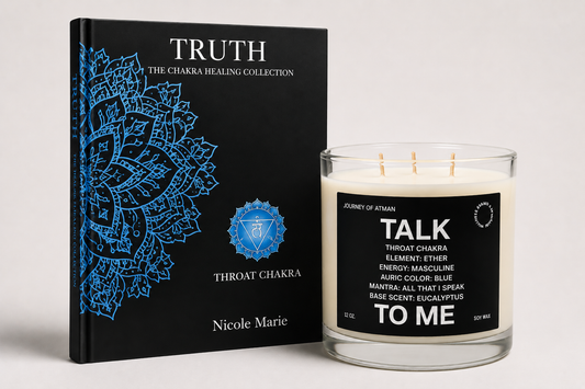 Throat Chakra Healing Bundle with Talk to Me candle and shadow work journal for self-expression, communication, and speaking your truth