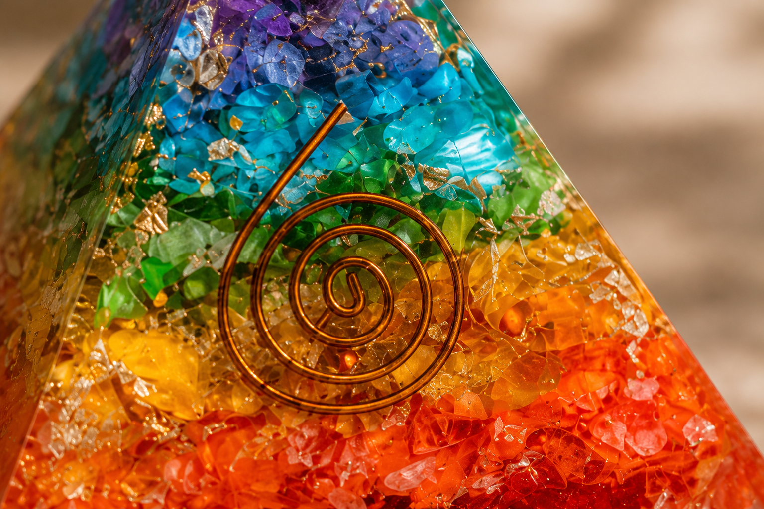 Close-up detail of 7 chakra stone orgonite pyramid featuring layered chakra crystals, copper coil, and resin craftsmanship.