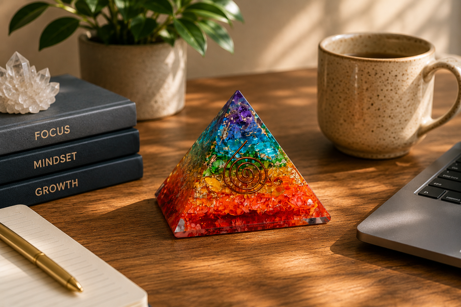 7 chakra stone orgonite pyramid displayed on mindful workspace desk with notebook, plant, and warm natural lighting.