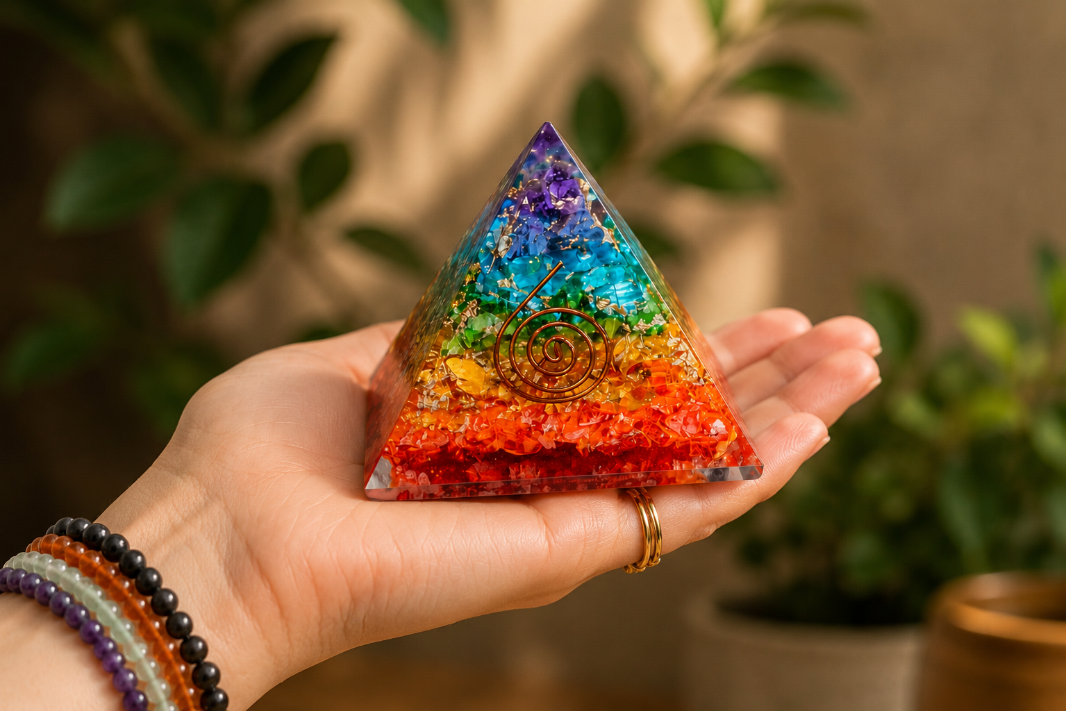 Hand holding 7 chakra stone orgonite pyramid featuring layered crystals and copper spiral for size reference.