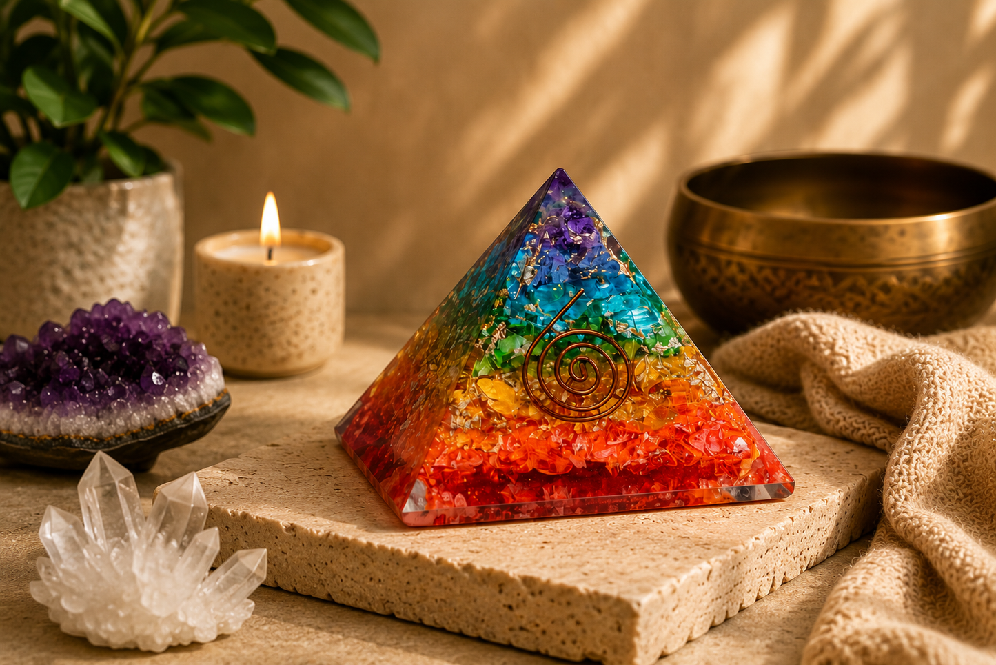7 chakra stone orgonite pyramid styled in warm meditation space with candles, crystals, and calming spiritual décor.