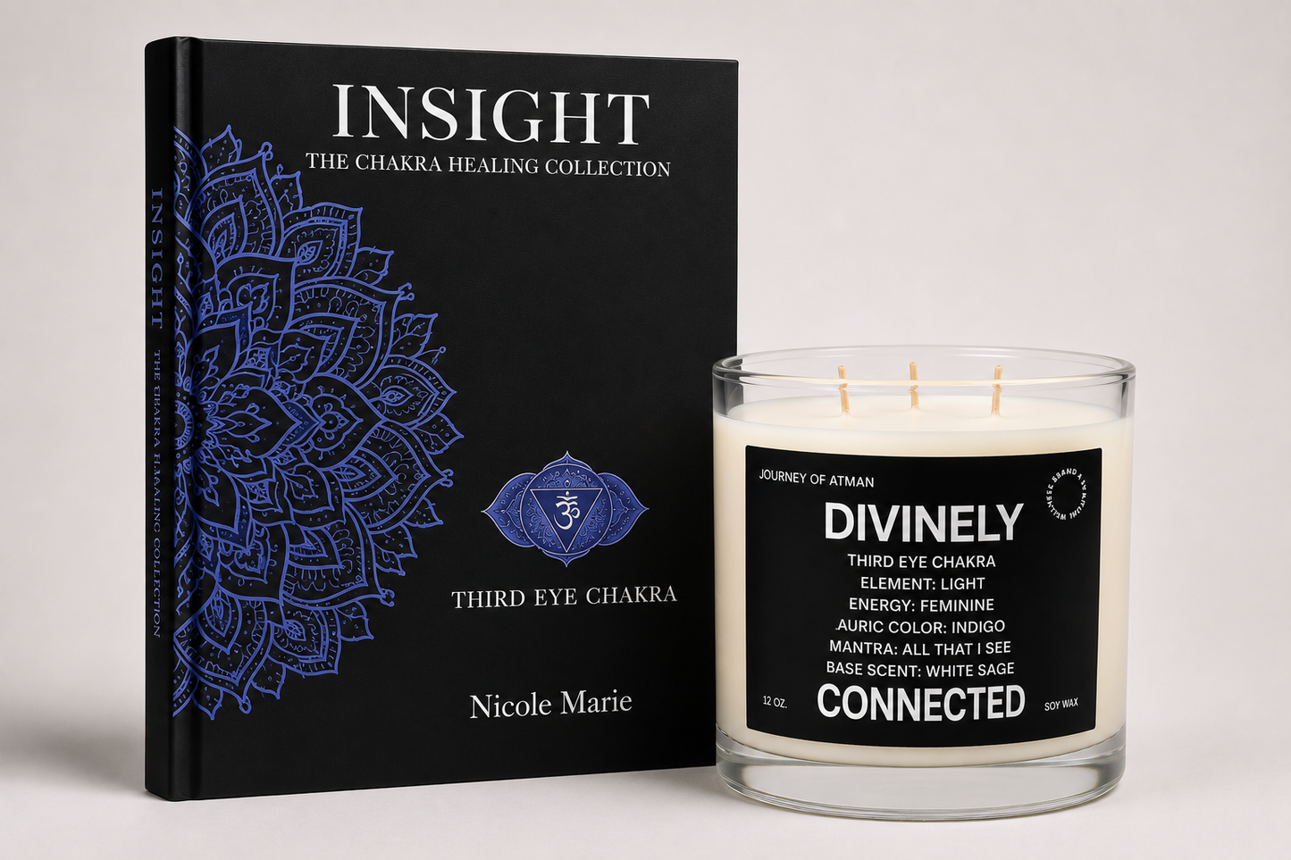 Third Eye Chakra Healing Bundle with insight shadow work journal and divinely connected healing candle for intuition, perception, and inner guidance.