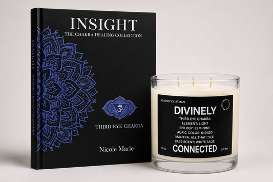 Third Eye Chakra Healing Bundle with insight shadow work journal and divinely connected healing candle for intuition, perception, and inner guidance.