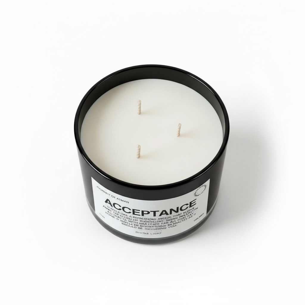 Acceptance affirmation candle top view in black glass vessel with three wicks and minimalist label design – spiritual wellness candle by Journey of Atman