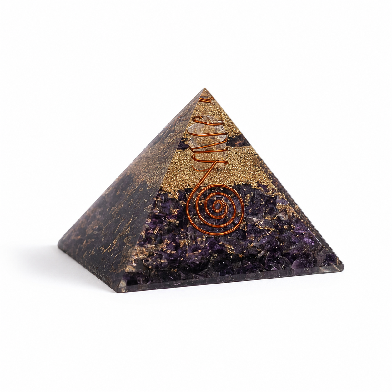 Amethyst orgonite pyramid with copper spiral and crystal layers on clean white background by Journey of Atman.