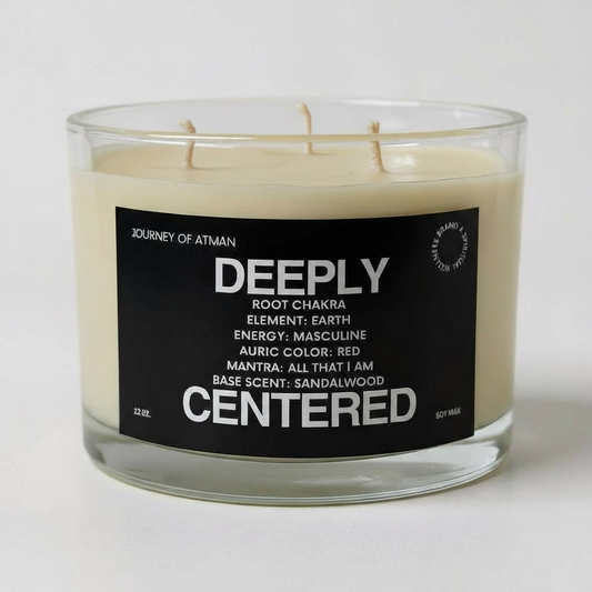 Deeply Centered Healing Candle for Root Chakra support, crafted to promote grounding, stability, and inner security, infused with Reiki energy and designed to enhance meditation, reflection, and emotional balance.