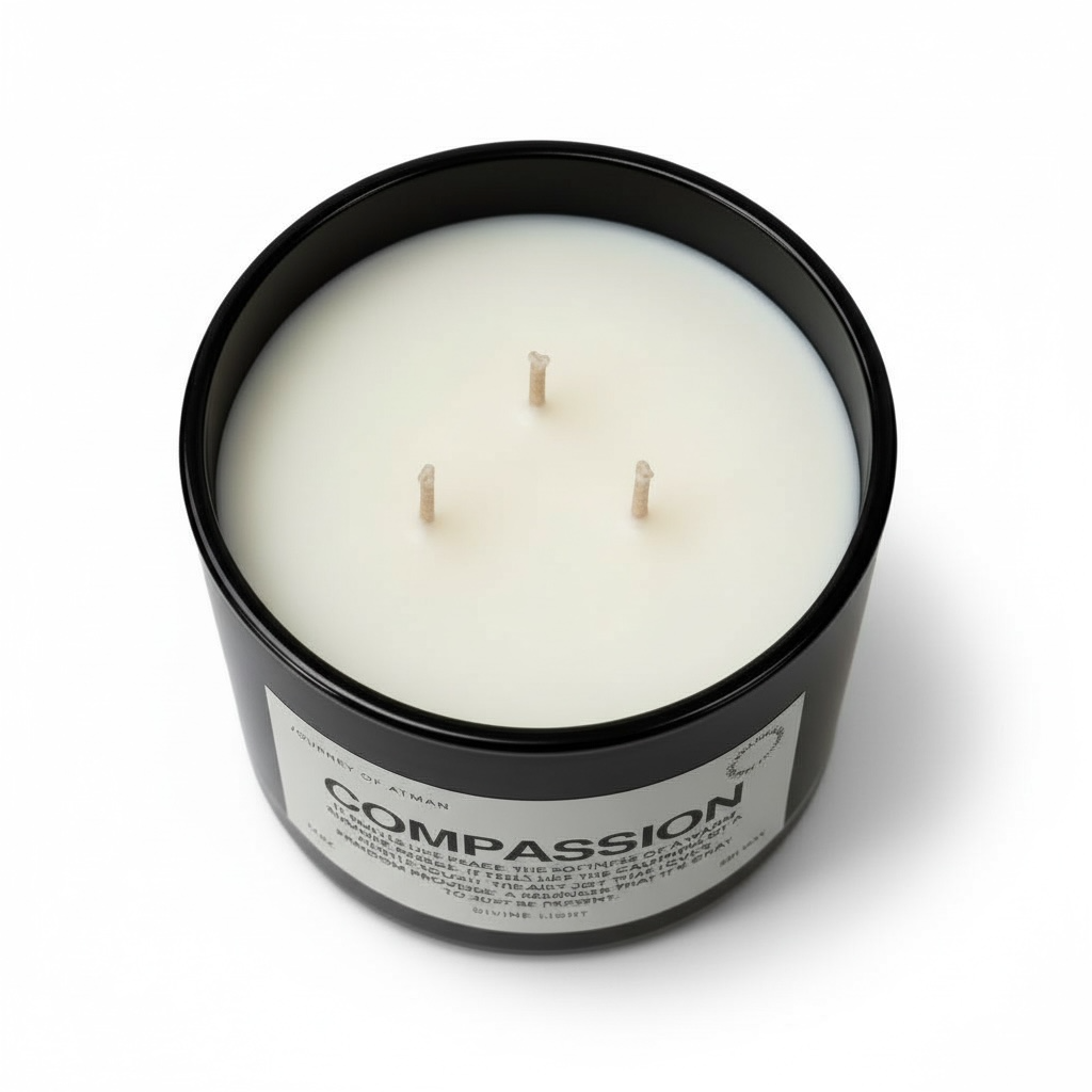Compassion affirmation candle top view in black glass vessel with three wicks and minimalist label design – spiritual wellness candle by Journey of Atman