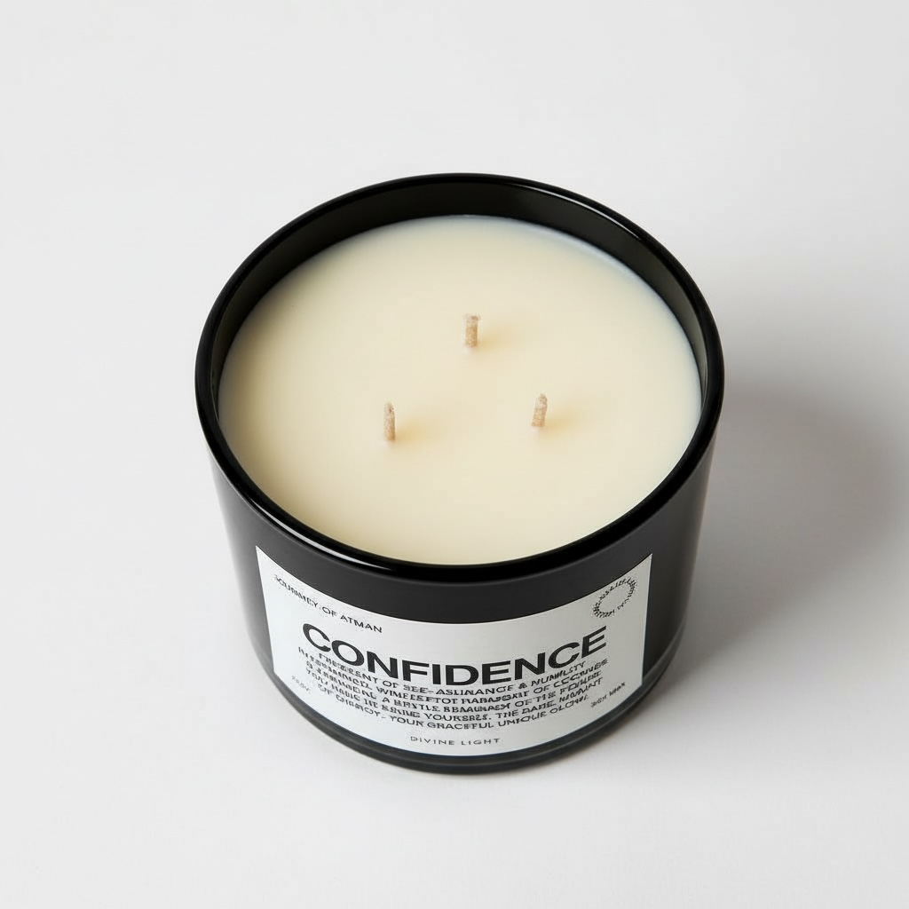 Confidence affirmation candle top view in black glass vessel with three wicks and minimalist label design – spiritual wellness candle by Journey of Atman