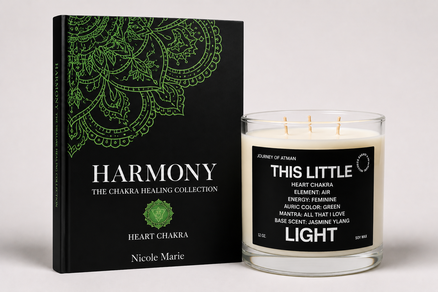 Heart Chakra Healing Bundle with This Little Light Candle and Harmony Shadow Work Journal for emotional healing, self-love, and heart chakra activation.