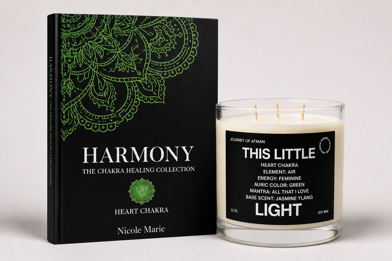 Heart Chakra Healing Bundle with This Little Light Candle and Harmony Shadow Work Journal for emotional healing, self-love, and heart chakra activation.