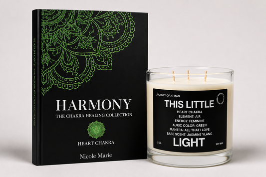 Heart Chakra Healing Bundle with This Little Light Candle and Harmony Shadow Work Journal for emotional healing, self-love, and heart chakra activation.