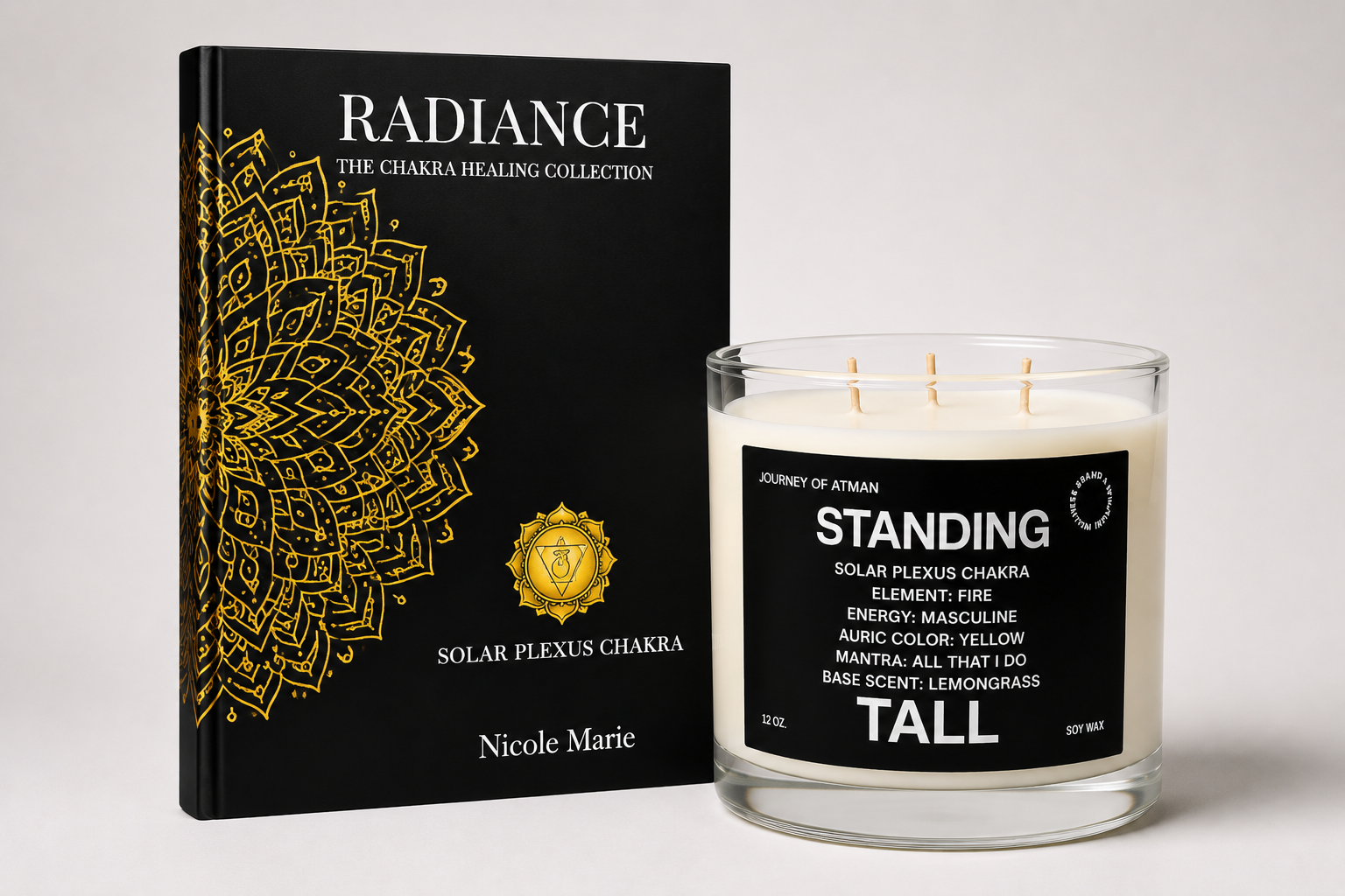 Solar Plexus Chakra Healing Bundle with Standing Tall Candle and Radiance Shadow Work Journal for personal power, confidence, and inner strength.