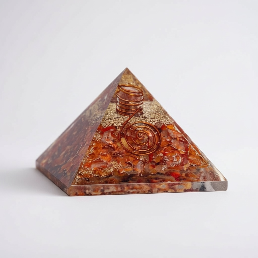 Carnelian orgonite pyramid for Sacral Chakra healing, made with layered resin, metal, and natural carnelian to boost creativity, vitality, emotional balance, and energize personal expression.