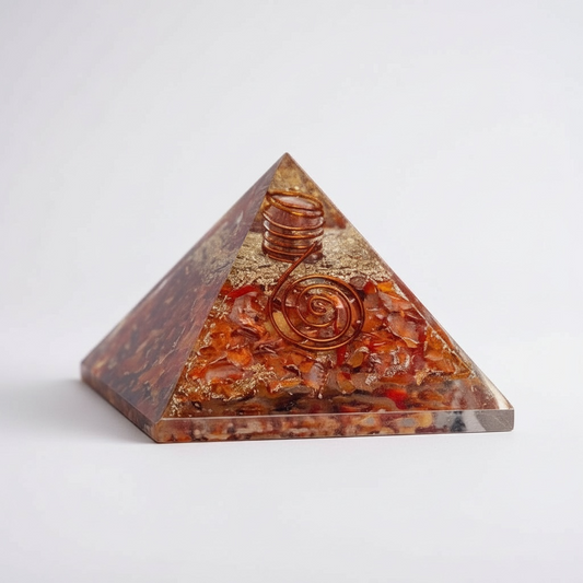 Carnelian orgonite pyramid for Sacral Chakra healing, made with layered resin, metal, and natural carnelian to boost creativity, vitality, emotional balance, and energize personal expression.
