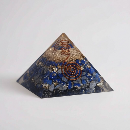Lapis Lazuli orgonite pyramid for Throat Chakra and Third Eye Chakra support, made with layered resin, metal, and natural lapis lazuli to enhance communication, intuition, and spiritual insight while balancing energy.