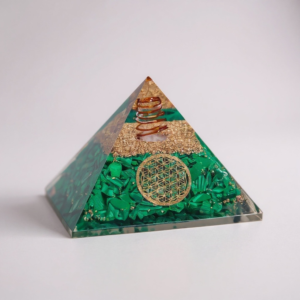 Malachite orgonite pyramid for Heart Chakra healing, crafted with layered resin, metal, and natural malachite to promote emotional balance, protection, transformation, and harmonious energy flow.