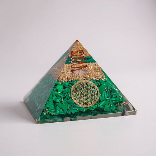 Malachite orgonite pyramid for Heart Chakra healing, crafted with layered resin, metal, and natural malachite to promote emotional balance, protection, transformation, and harmonious energy flow.