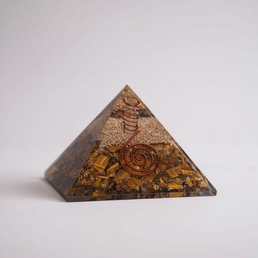 Tiger’s Eye orgonite pyramid for Solar Plexus Chakra healing, crafted with layered resin, metal, and natural tiger’s eye gemstone to support confidence, personal power, focus, and energetic balance.