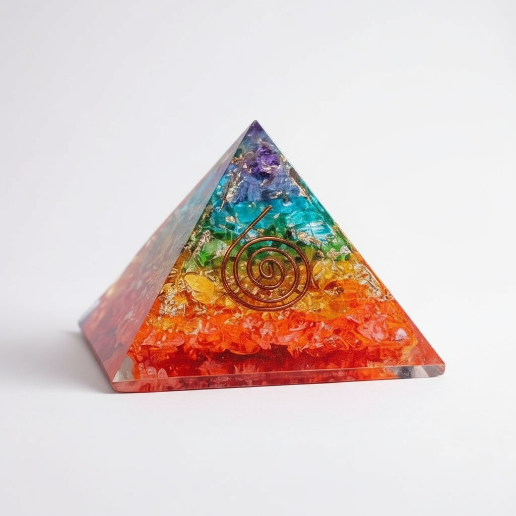 7-Chakra Stone orgonite pyramid featuring layered resin, metal, and seven natural chakra stones, designed to balance all chakras, harmonize energy flow, and support overall spiritual and emotional well-being.