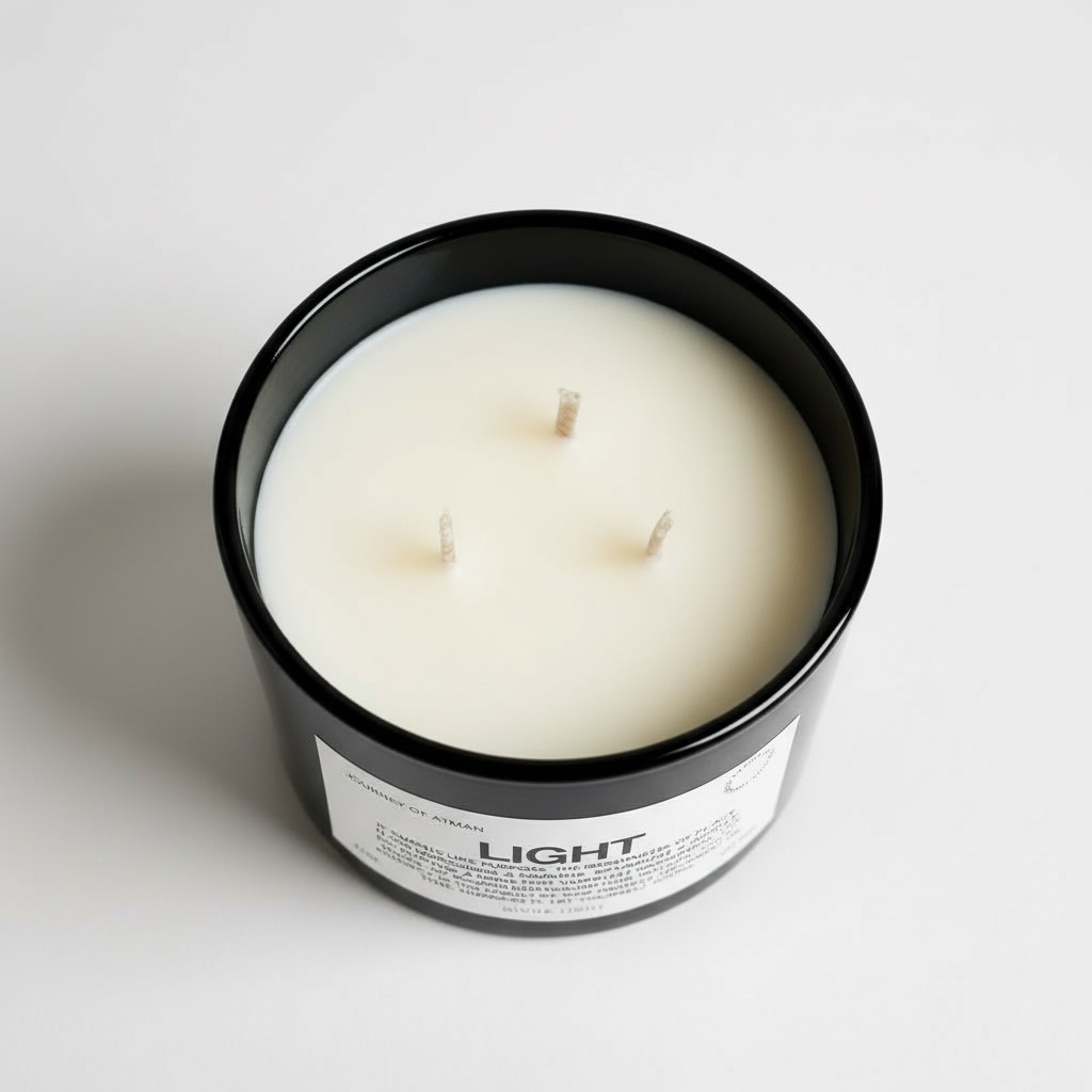 Light affirmation candle top view in black glass vessel with three wicks and minimalist label design – spiritual wellness candle by Journey of Atman