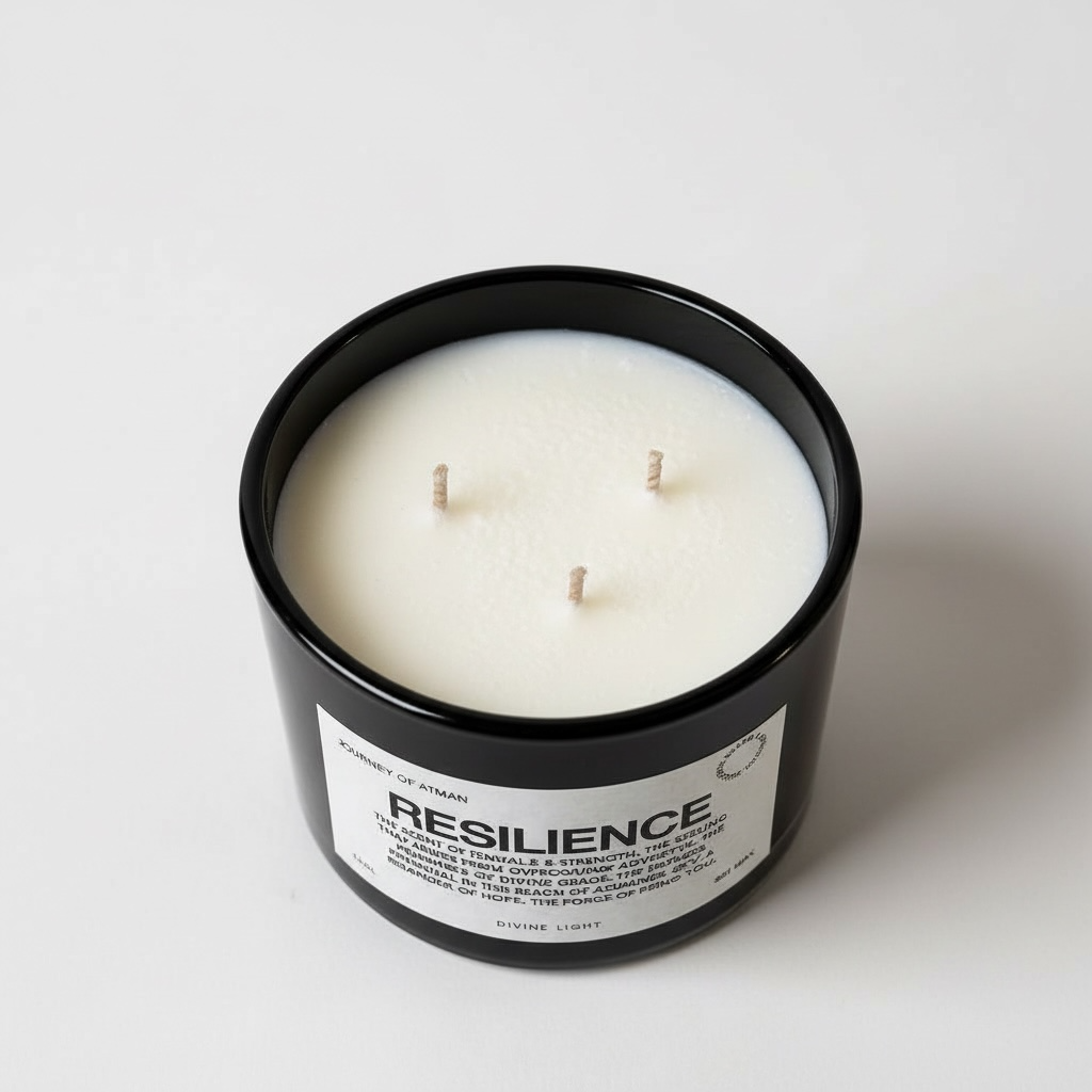 Resilience affirmation candle top view in black glass vessel with three wicks and minimalist label design – spiritual wellness candle by Journey of Atman