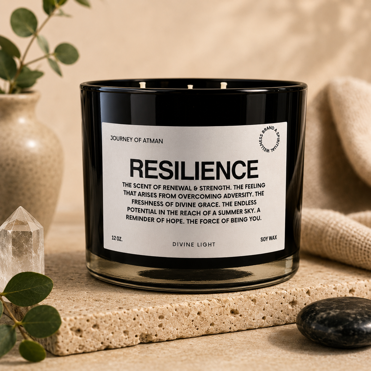 Resilience affirmation candle in warm lifestyle setting with crystal, eucalyptus, and calming décor supporting strength, renewal, and emotional resilience.