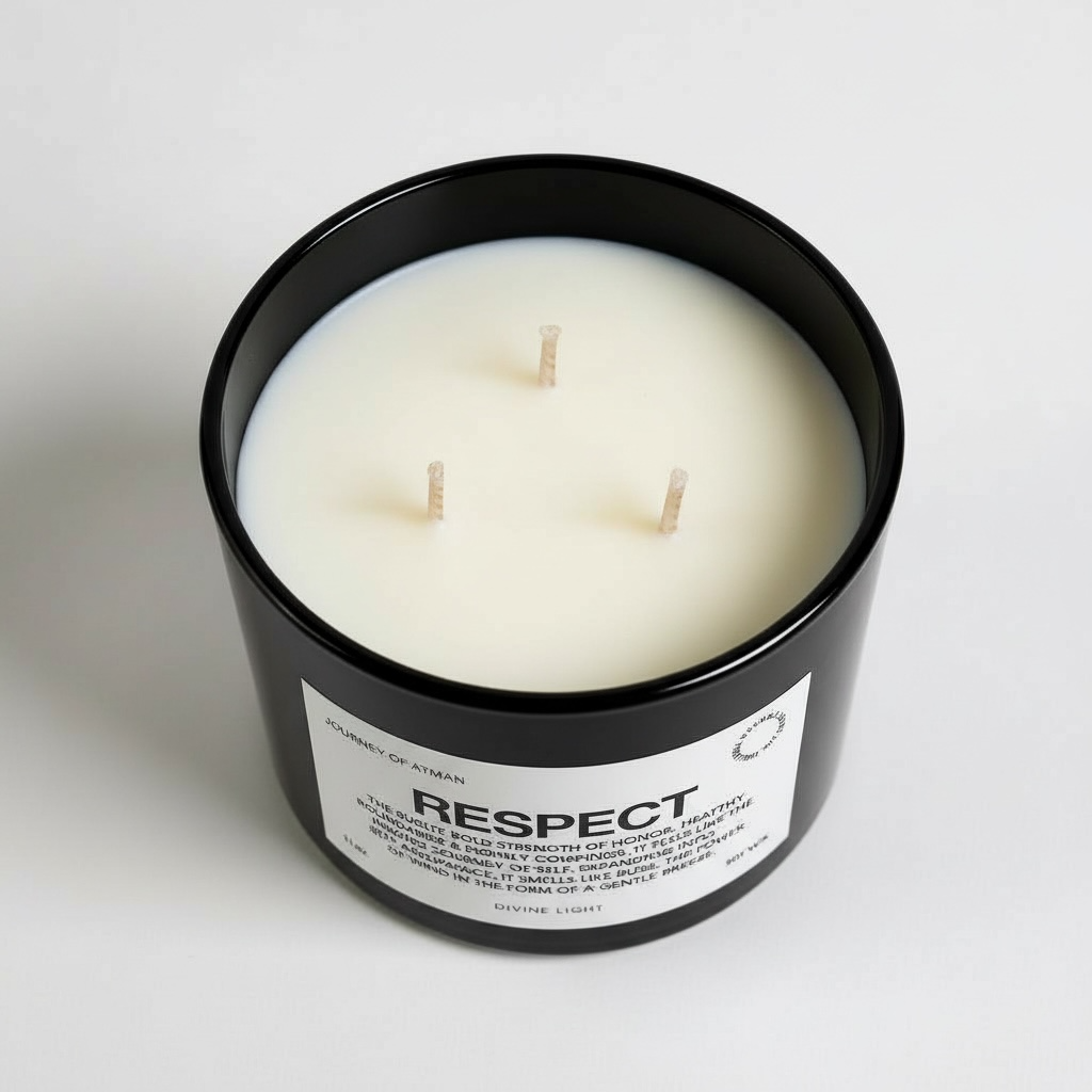 Respect affirmation candle top view in black glass vessel with three wicks and minimalist label design – spiritual wellness candle by Journey of Atman