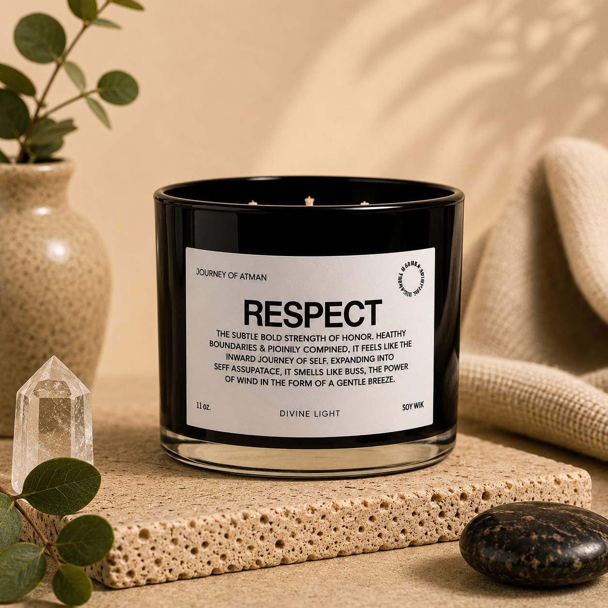 Respect affirmation candle in warm lifestyle setting with crystal, eucalyptus, and neutral décor supporting boundaries, self-respect, and intentional reflection.