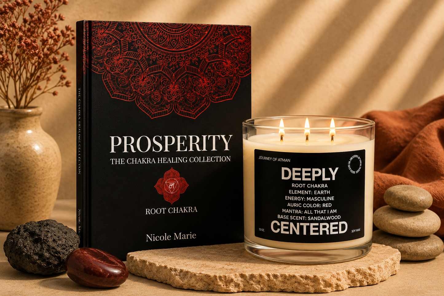 Root chakra healing bundle by Journey of Atman featuring the Prosperity journal and Deeply Centered affirmation candle styled in an earthy wellness setting with grounding stones, warm neutral textures, and soft candlelight.