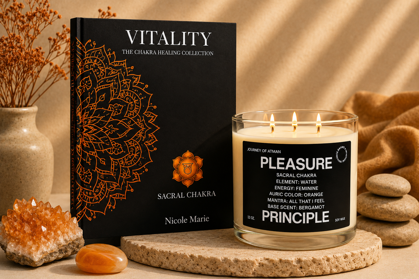 Sacral chakra healing bundle by Journey of Atman featuring the Vitality journal and Pleasure Principle affirmation candle styled in a warm ritual-inspired setting with orange crystal accents, natural stone textures, and ambient lighting.