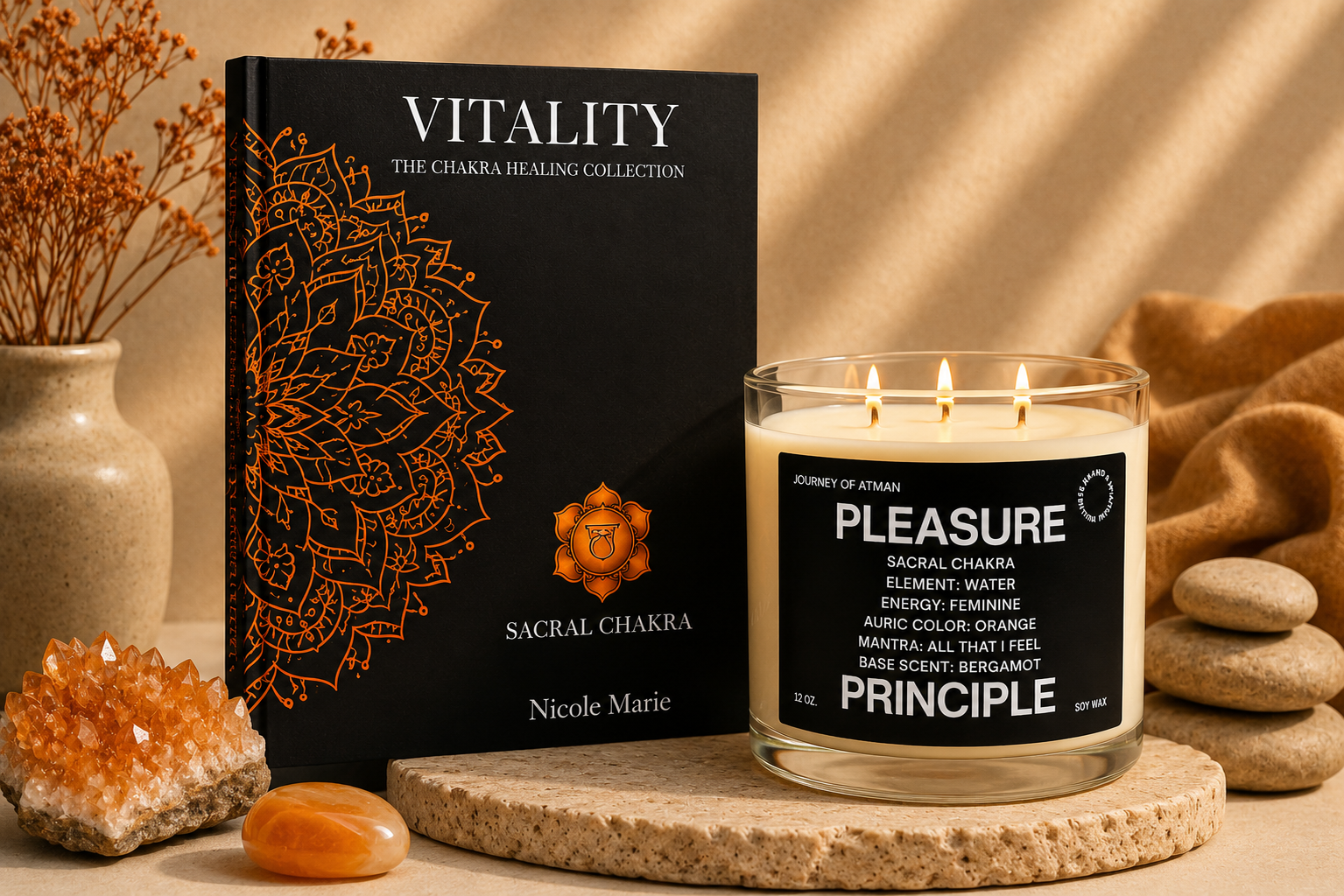 Sacral chakra healing bundle by Journey of Atman featuring the Vitality journal and Pleasure Principle affirmation candle styled in a warm ritual-inspired setting with orange crystal accents, natural stone textures, and ambient lighting.