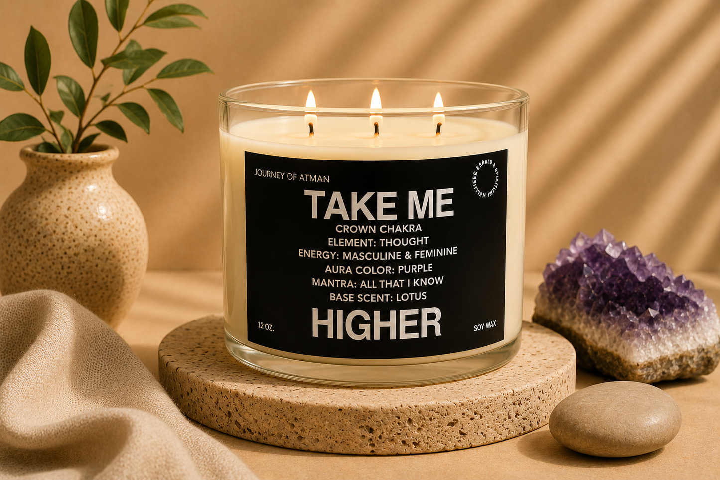 Take Me Higher crown chakra candle by Journey of Atman styled in a serene luxury wellness setting with amethyst crystal accents, soft natural textures, and warm ambient lighting.