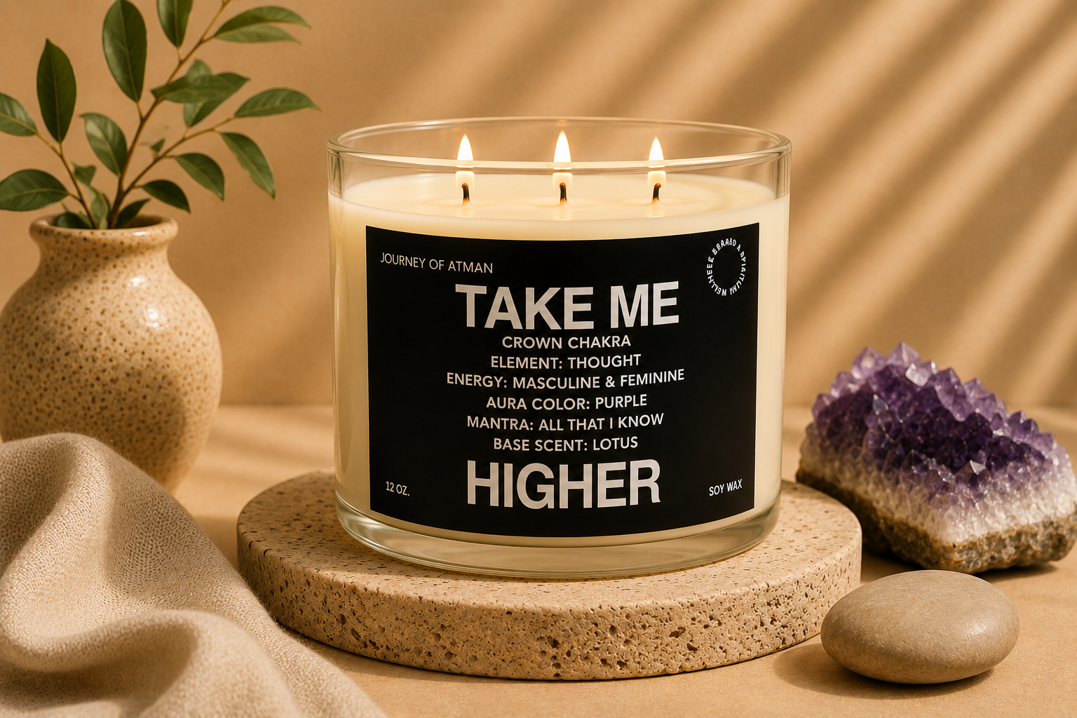 Take Me Higher crown chakra candle by Journey of Atman styled in a serene luxury wellness setting with amethyst crystal accents, soft natural textures, and warm ambient lighting.