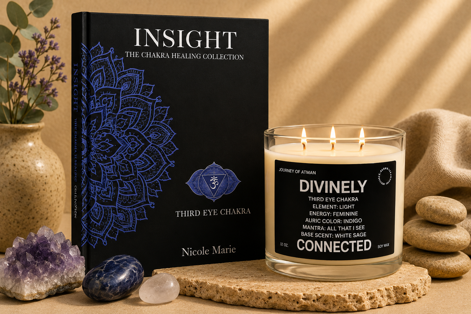 Third eye chakra healing bundle by Journey of Atman featuring the Insight journal and Divinely Connected affirmation candle styled in a serene luxury wellness setting with indigo crystal accents, natural stone textures, and warm ambient light.
