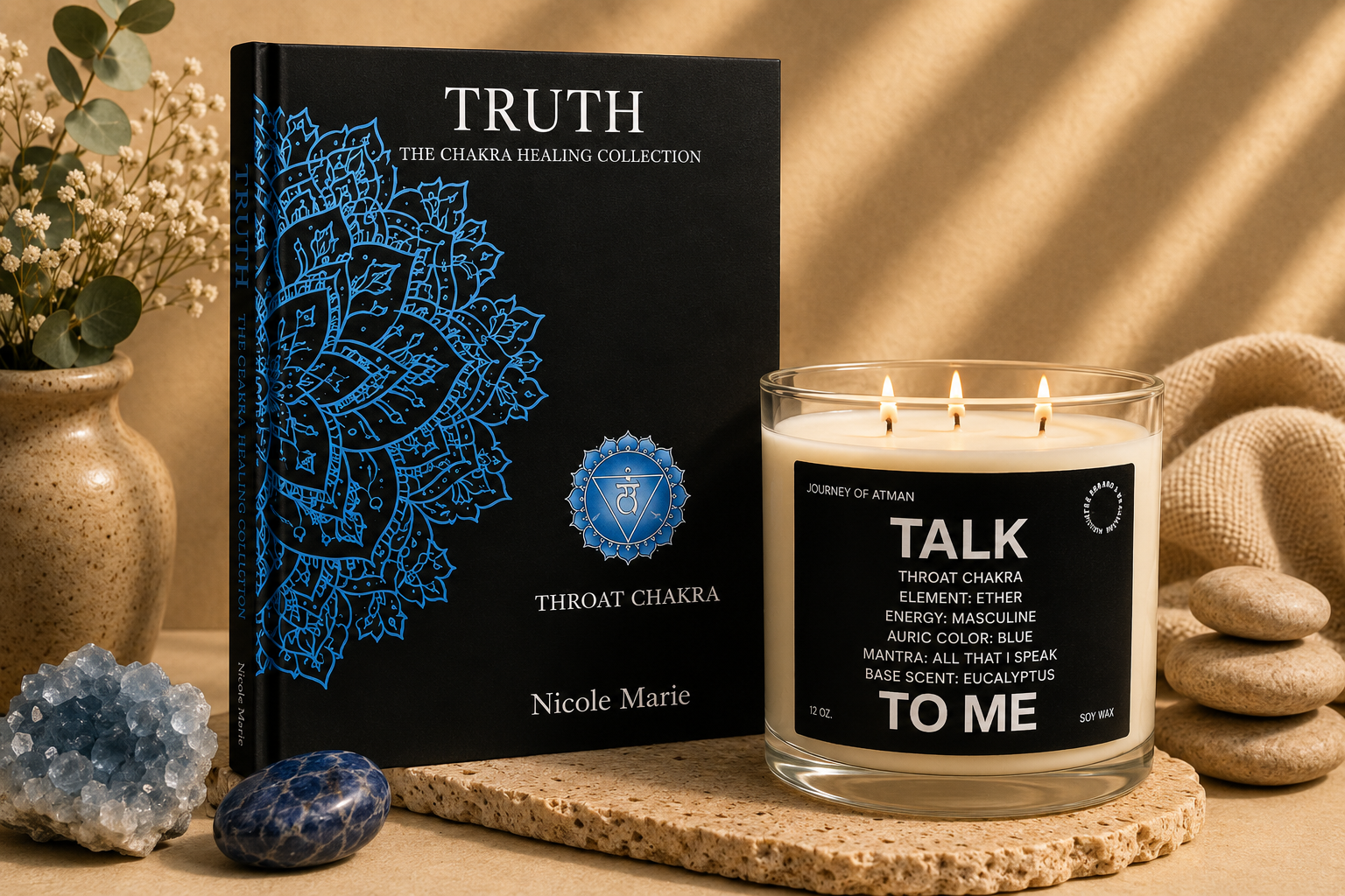 Throat chakra healing bundle by Journey of Atman featuring the Truth journal and Talk to Me affirmation candle styled in a calming spa-inspired setting with blue crystal accents, eucalyptus-inspired decor, and warm ambient lighting.