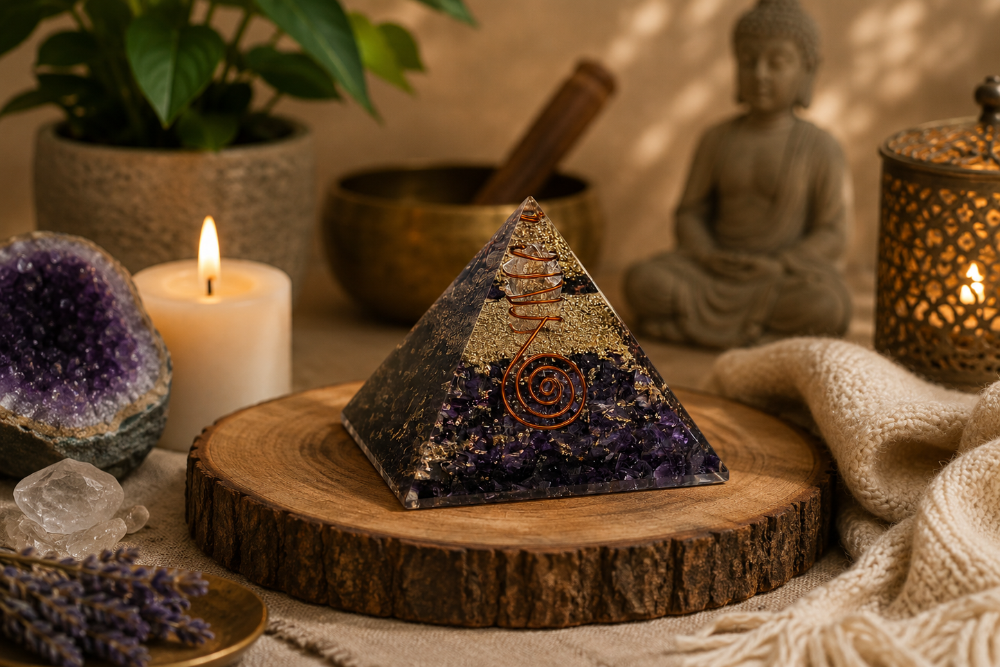 Amethyst orgonite pyramid styled in warm meditation space with candles, crystals, and calming spiritual décor.