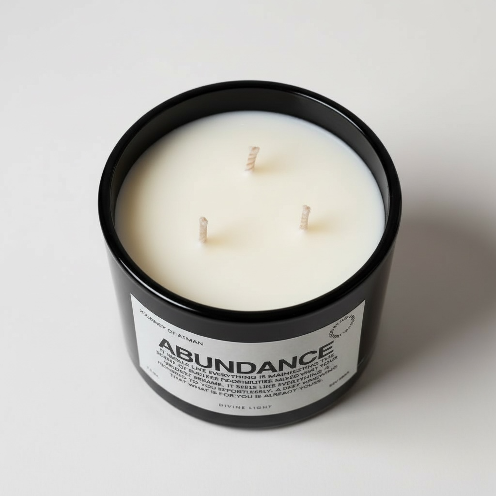 Abundance affirmation candle top view in black glass vessel with three wicks and minimalist label design – spiritual wellness candle by Journey of Atman