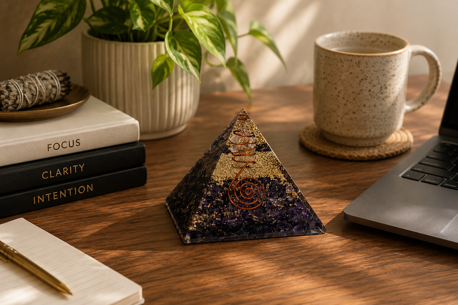 Amethyst orgonite pyramid displayed on mindful workspace desk with notebook, plant, and warm natural lighting.
